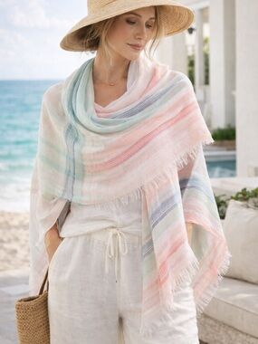 Talbots Striped Lightweight Scarf Wrap Shawl Fringe Coastal Pastel 50x50